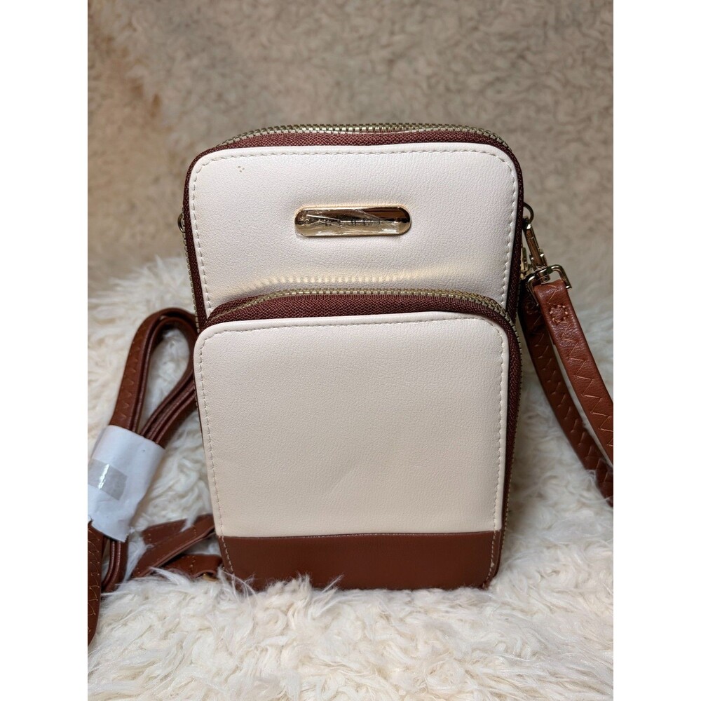 CLUCI Small Cell Phone Crossbody Bag RFID Wallet Cream & Cognac Brown PU Leather